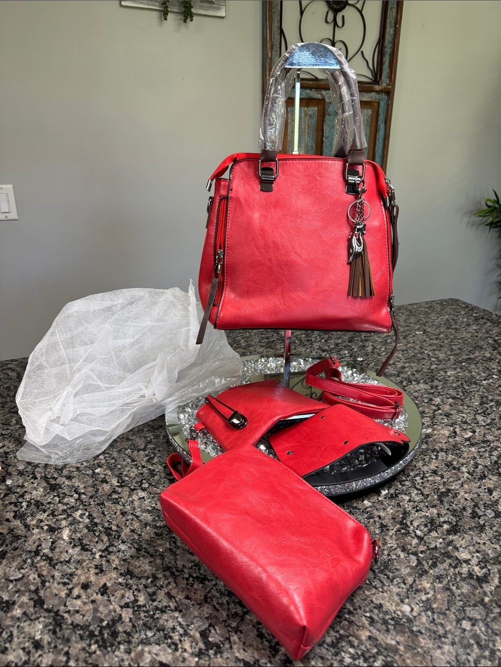 Classic Red Women’s fashion satchel Tote Bag with Tassel Charm NEW